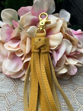 Mustard Leather Tassel Keychain with Gold Clip